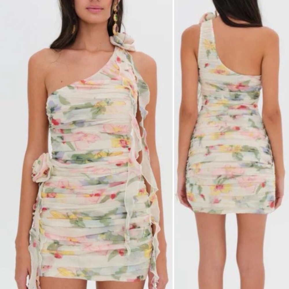 For Love & Lemons Abby Mini One Shoulder Floral Dress, size L